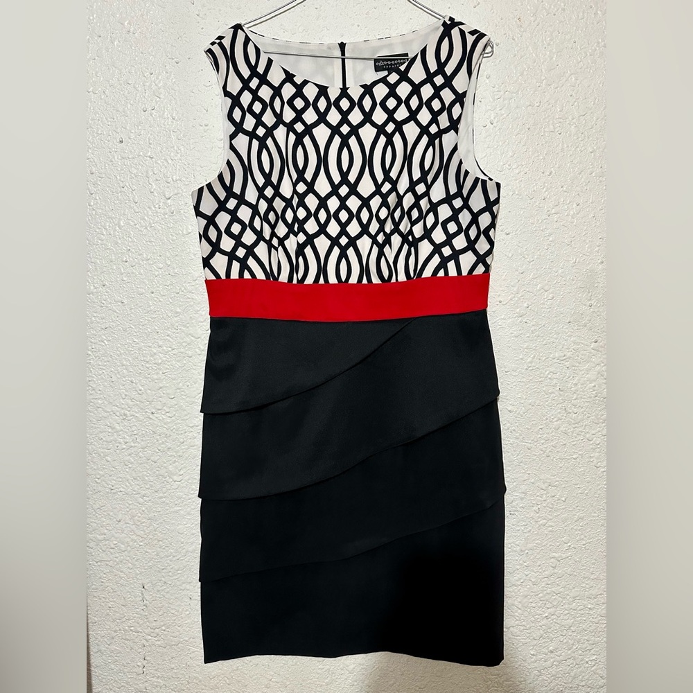Formal Office Black and White Patterned Dress with Red Accent